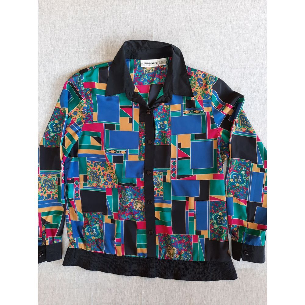 Alfred Dunner Women 10 Geometric Art Printed Padded Long Sleeves Buttons Blouse